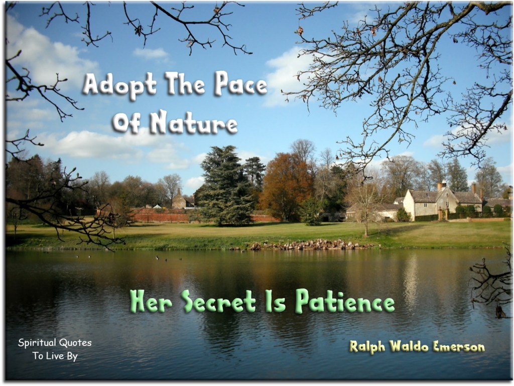 Ralph Waldo Emerson quote: Adopt the pace of nature, her secret is patience. - Spiritual Quotes To Live By